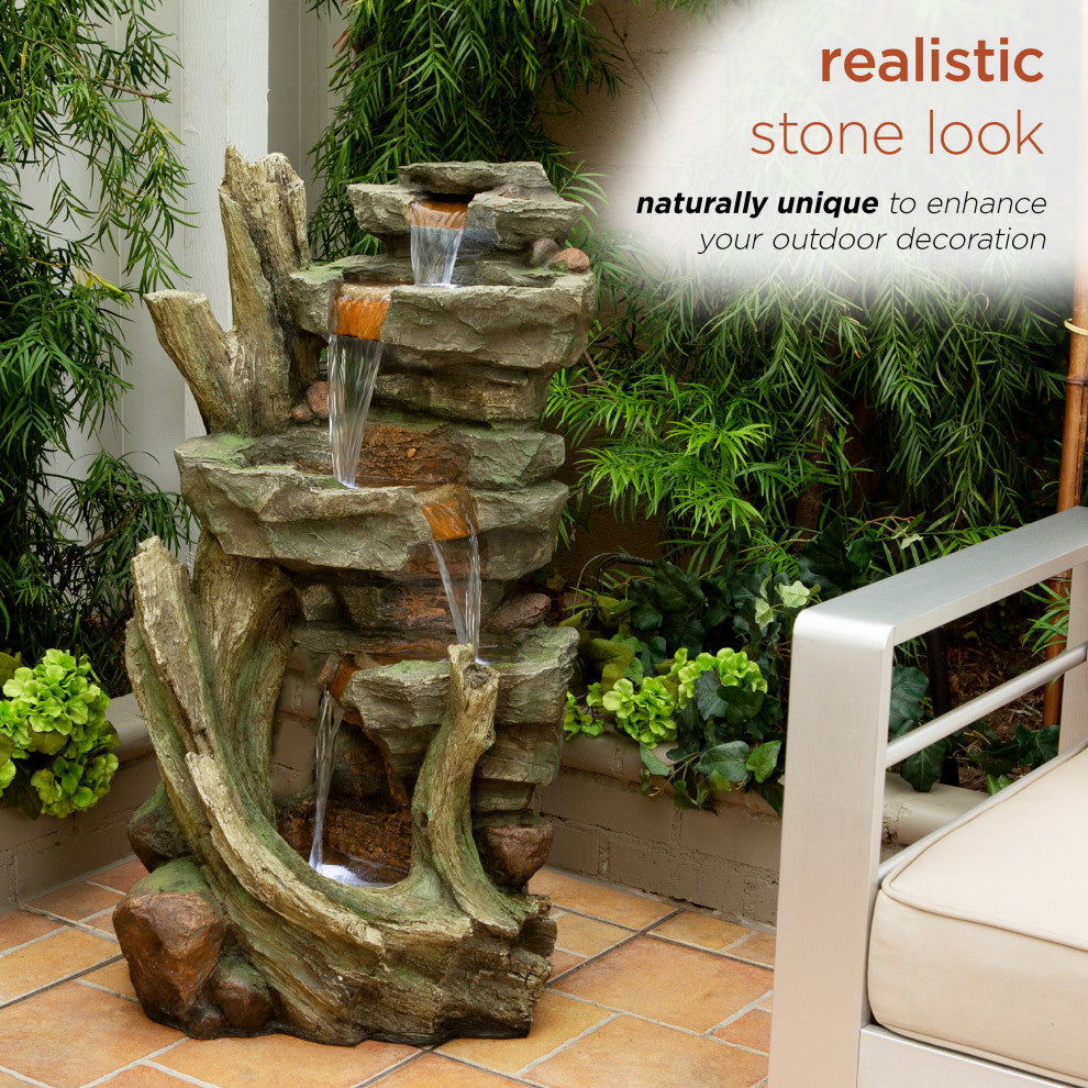 39" Outdoor Multi-Tier Cascading Stone Tower Waterfall Fountain with LED Lights