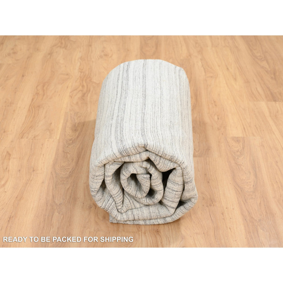 Gray, Hand Loomed Undyed Natural Wool, Modern Design Rug, 9'9"x9'9"