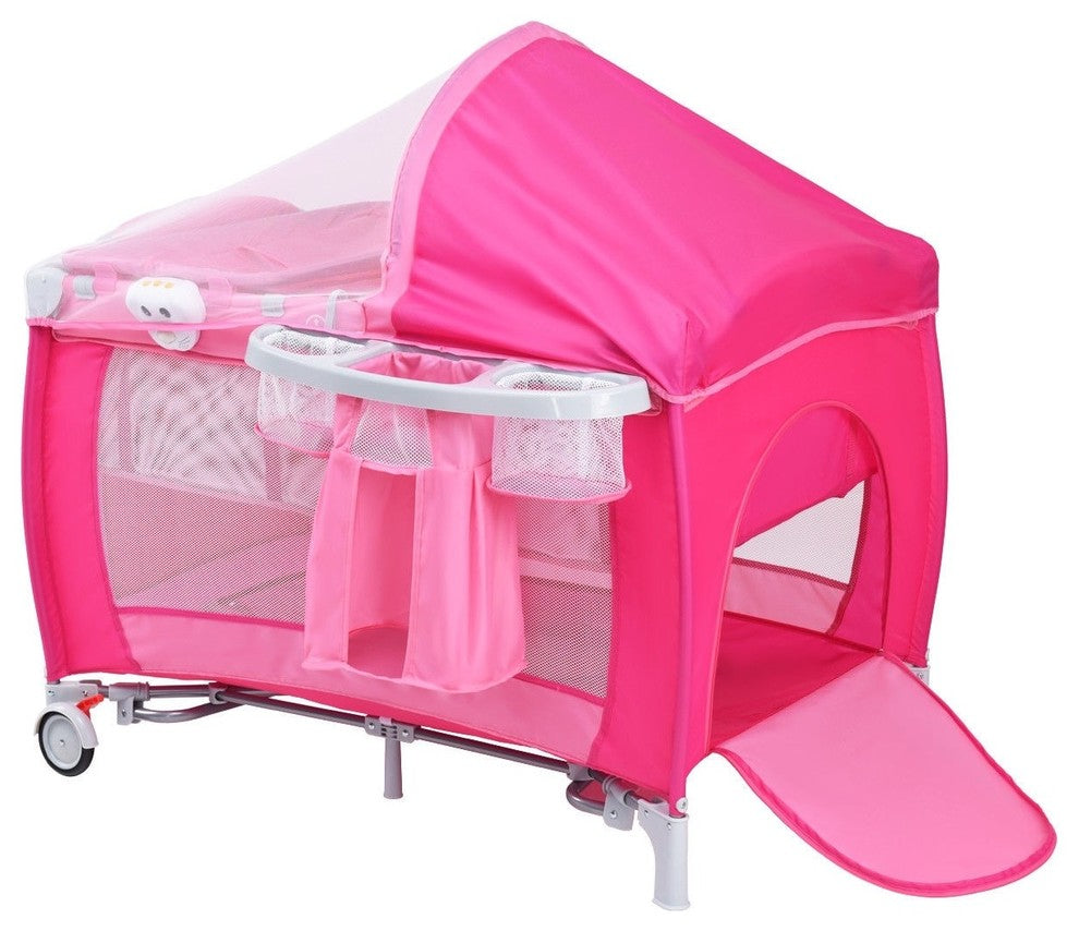 Fold-able Baby Crib Playpen With Mosquito Net and Bag, Pink