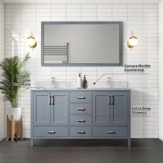 Jacques 60" Dark Gray Double Bath Vanity Cabinet Carrara Marble Top Square Sinks