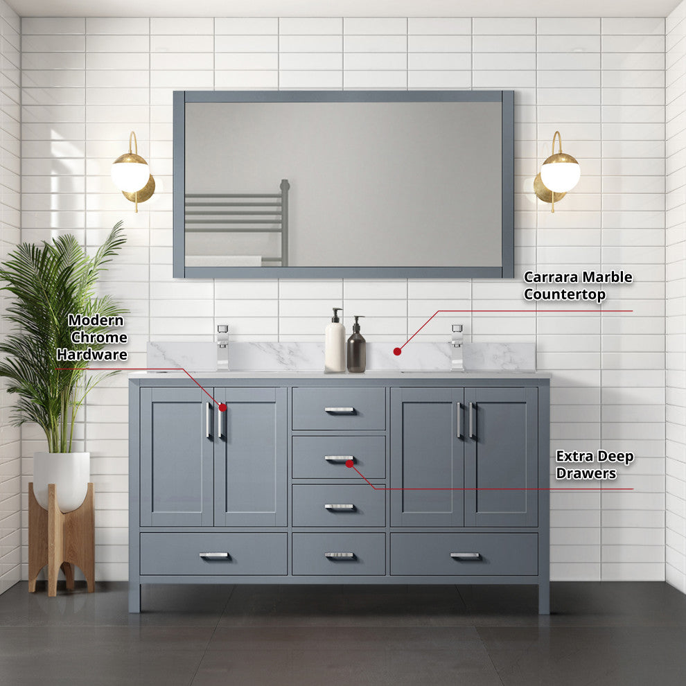 Jacques 60" Dark Gray Double Bath Vanity Cabinet Carrara Marble Top Square Sinks