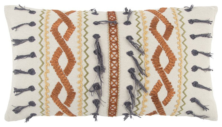 Rust Gray Ribbon Embroidered Lumbar Pillow