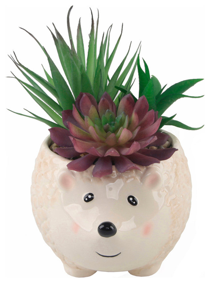 Faux Succulent In 6" Large Brown Hedgehog Ceramic Planter