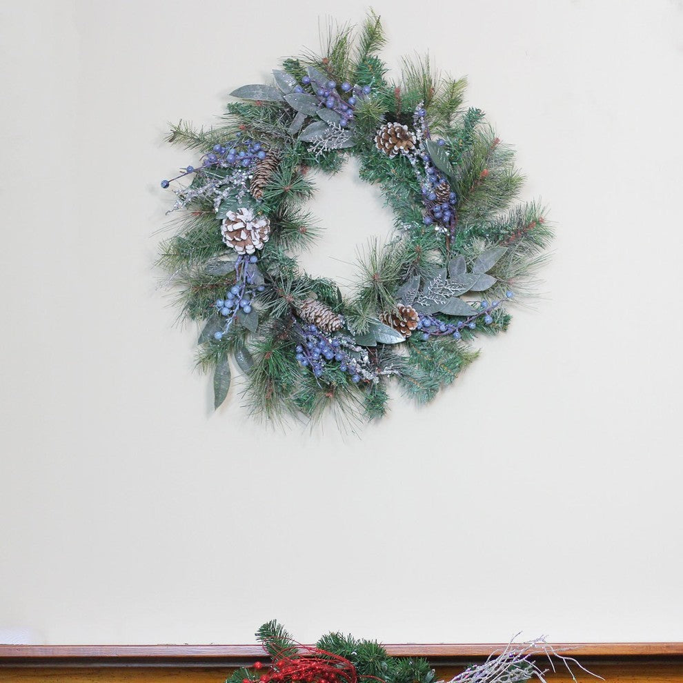 Mixed Pine, Blueberries and Snowy Pine Cones Artificial Christmas Wreath, Unlit