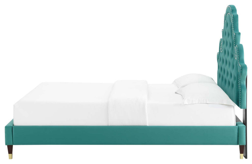 Tufted Platform Bed Frame, Twin Size, Velvet, Teal Blue, Modern Contemporary