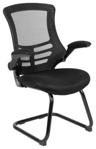 Black Mesh Sled Base Side Reception Chair with Flip-Up Arms