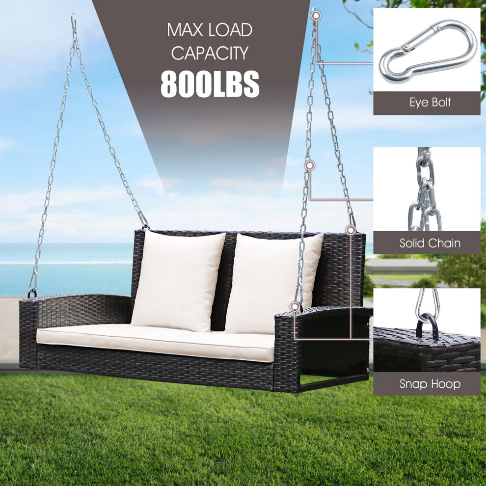 Costway 2-Person Patio Rattan Hanging Porch Swing Bench Chair Cushion Beige