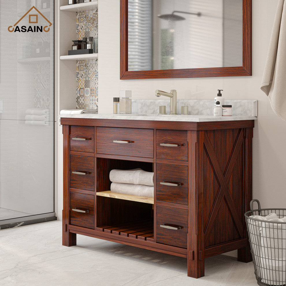 Freestanding Bath Vanity in Brown with White Carrara Marble Top, 48in