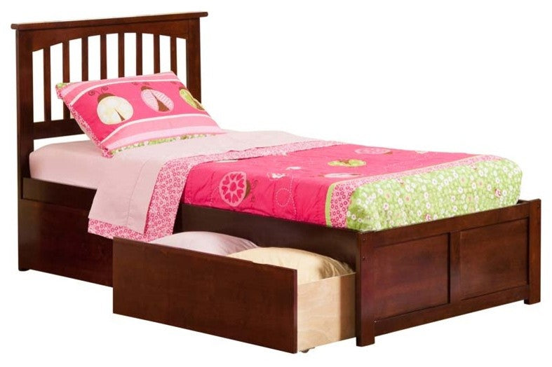 Mission Flat Panel Footboard With 2 Urban Bed Drawers, Antique Walnut, Twin Xl