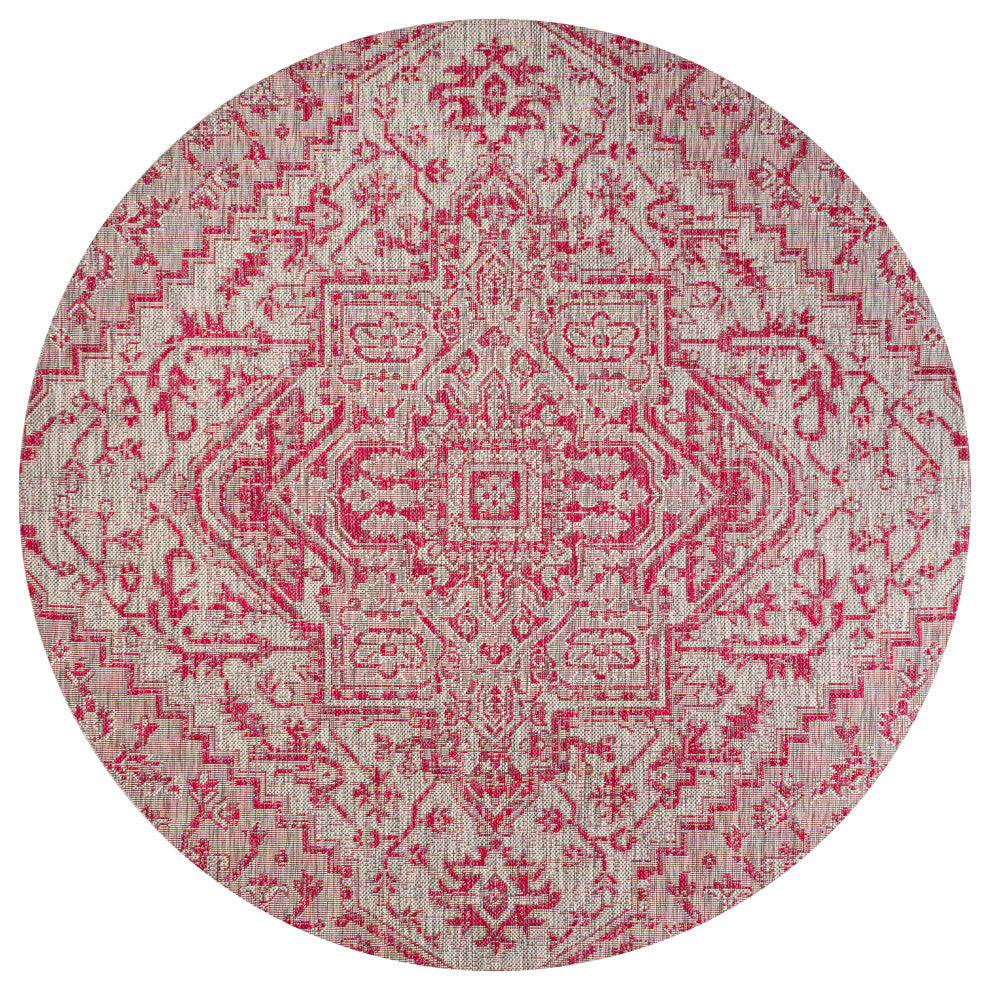 Estrella Bohemian Medallion Textured Weave Indoor/Outdoor, Light Gray/Fuchsia, 5' Round