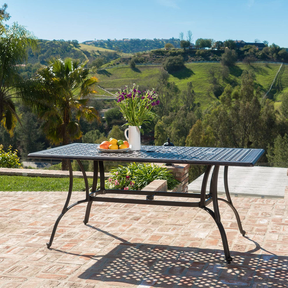 Industrial Outdoor Dining Table, Cast Aluminum Construction With Umbrella Hole