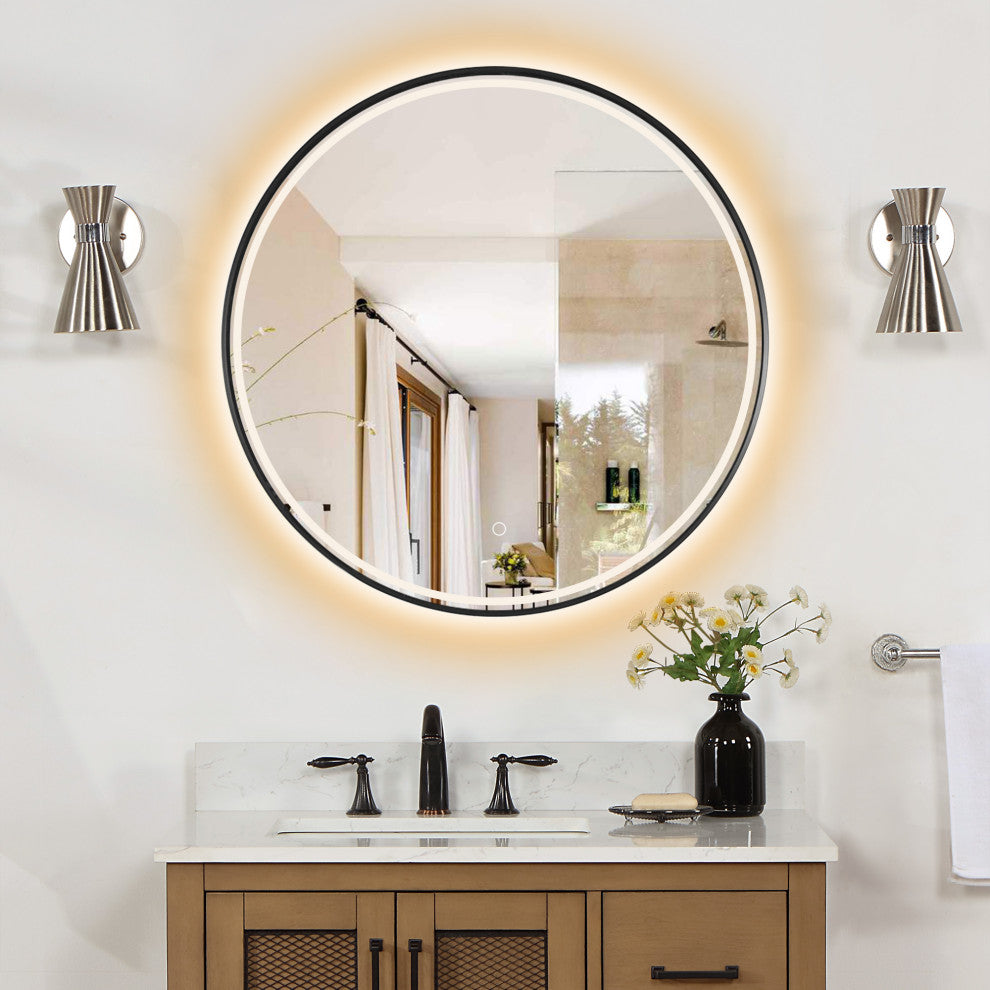 Palme Round Framed Bathroom/Vanity LED Lighted Wall Mirror, Matte Black, 32"