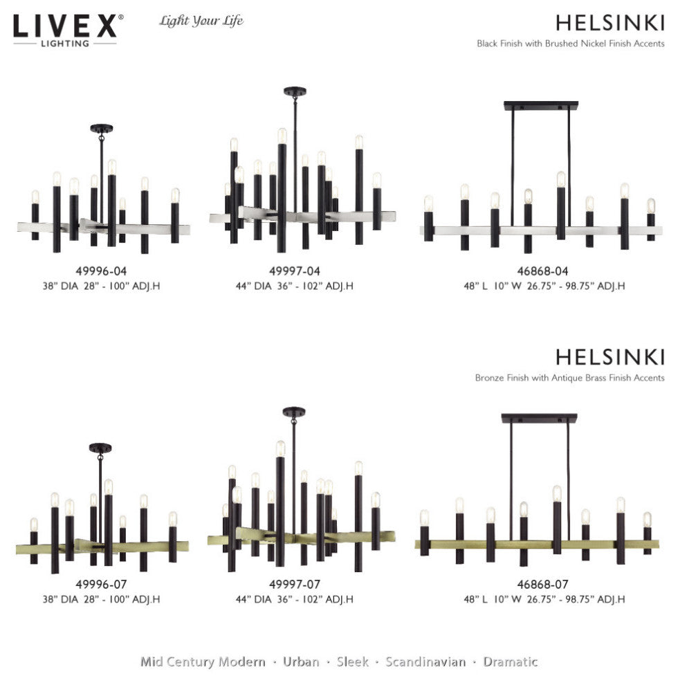 Helsinki 8-Light Black Extra Large Linear Chandelier with Brushed Nickel Accents