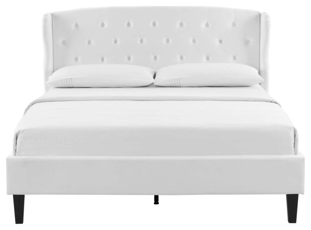 Tufted Platform Bed Frame, Queen Size, Velvet, White, Modern Contemporary