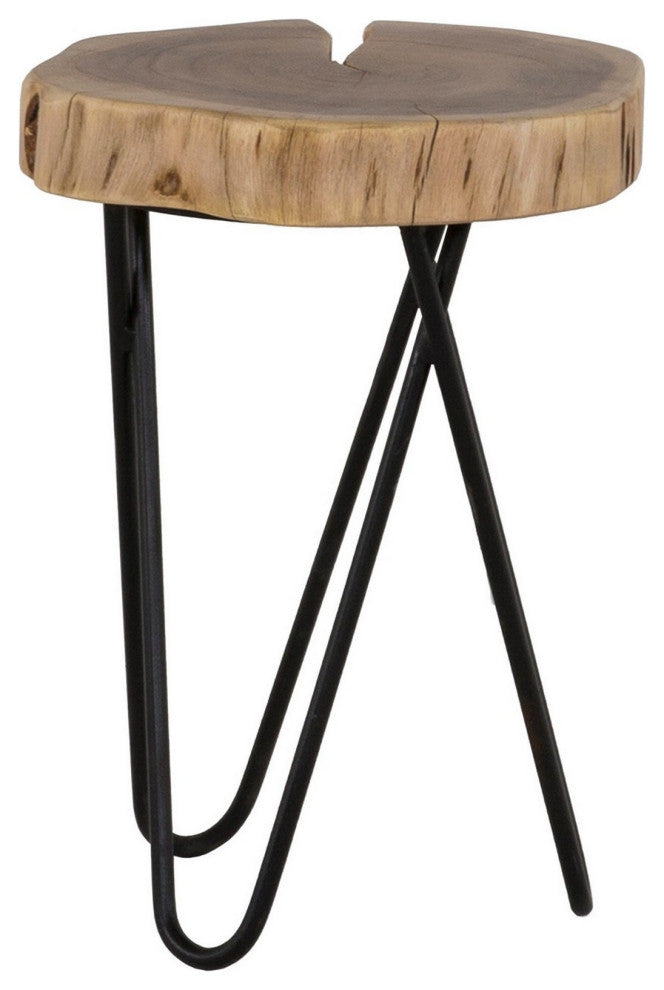 Benzara BM286410 Side Table, Wood Tabletop, Hairpin Style Iron Legs, Brown