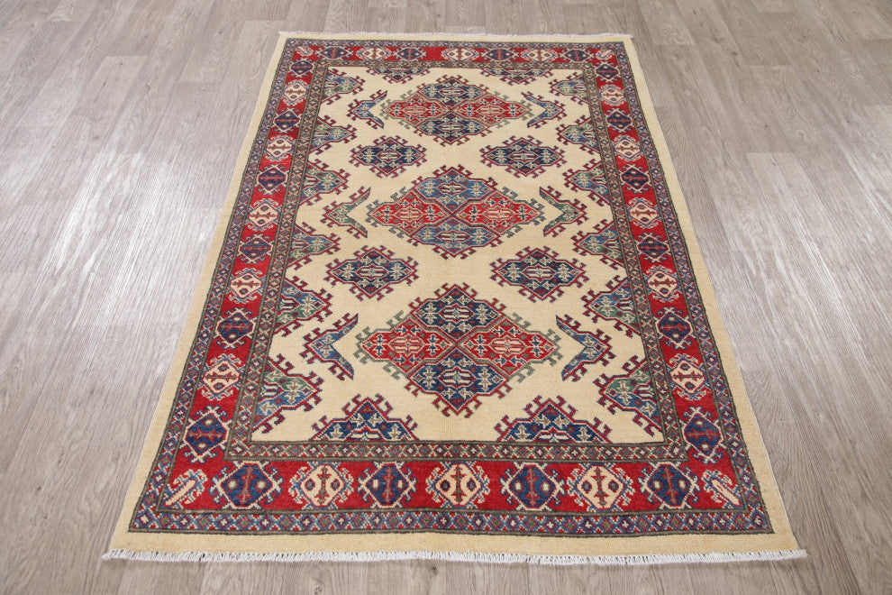 Hand-Knotted Kazak Oriental Traditional Pakistani Area Rug, Beige, 5'11"x4'0
