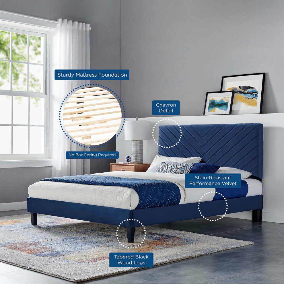 Roxanne Performance Velvet Full Platform Bed, Navy