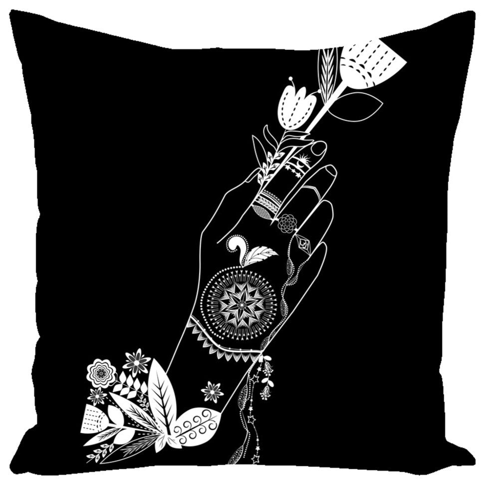 Bohemian Flower Girl Throw Pillow, Black, 14x14, Cover Only