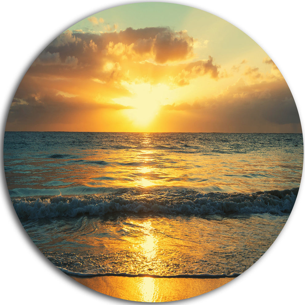 Exotic Water And Sky Sunset Panorama, Seashore Round Metal Artwork, 11"