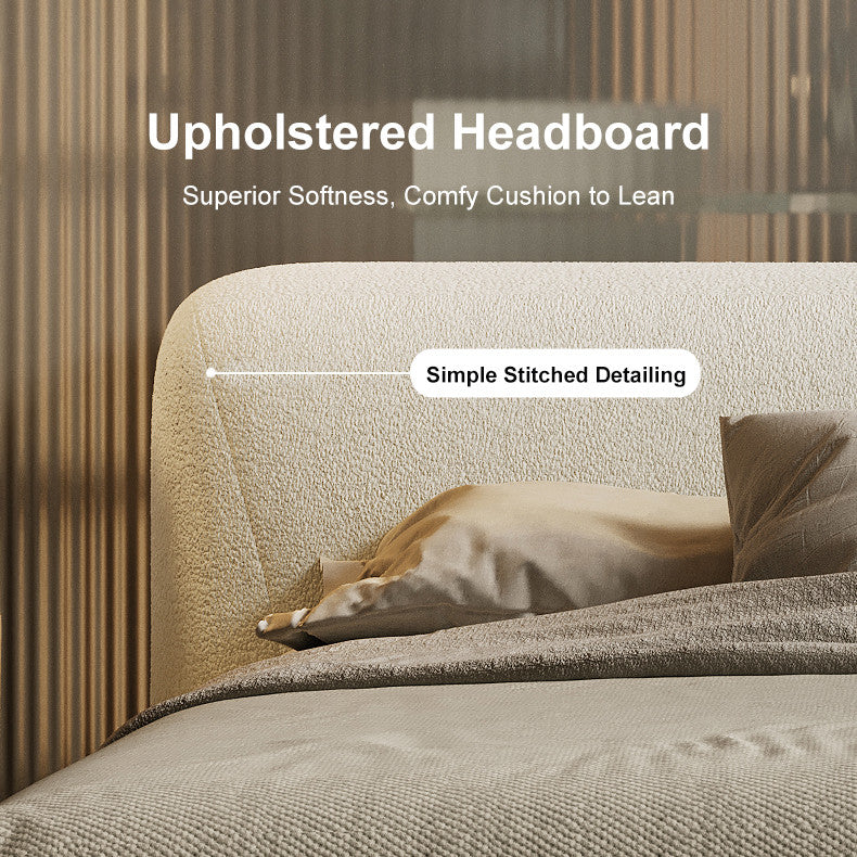 White Boucle Platform Bed King Size Bed Frame with Upholstered Headboard
