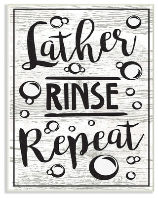 Lather Rinse Repeat Black & White Typography With Bubbles Wall Art, 13"x19"