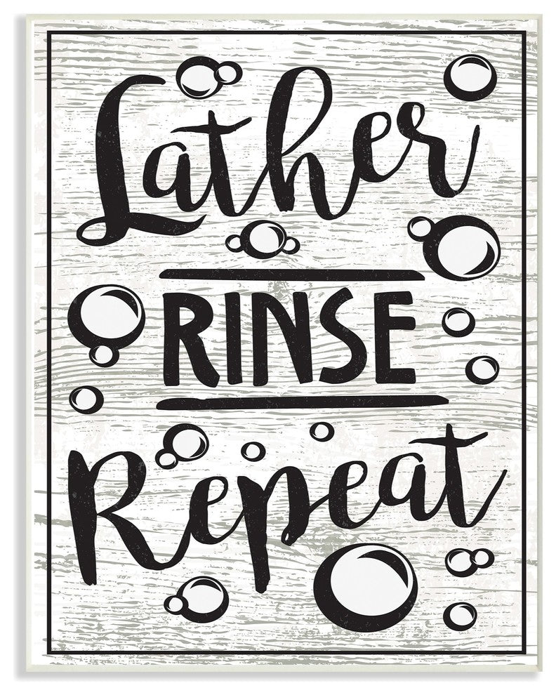 Lather Rinse Repeat Black & White Typography With Bubbles Wall Art, 13"x19"