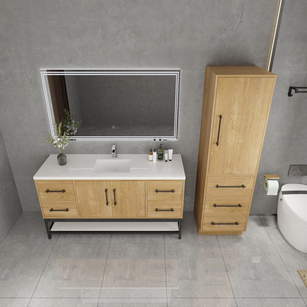 Victoria 60'' Solid Wood Open Shelf Bath Vanity Single Sink, Oak