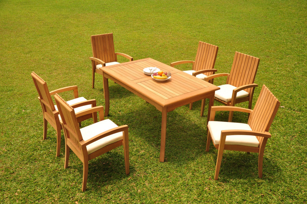 7-Piece Outdoor Teak Dining Set: 71" Rectangle Table, 6 Goa Stacking Arm Chairs