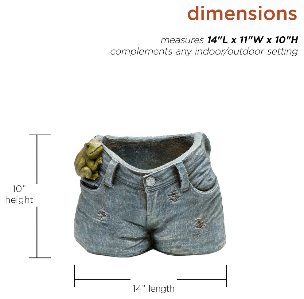 Rugged Denim Shorts Flower Planter with Frog