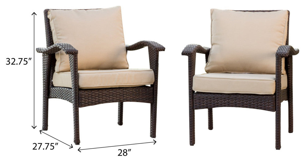 Set of 2 Outdoor Wicker Club Chairs, Brown, Tan Cushions, Curved Arms