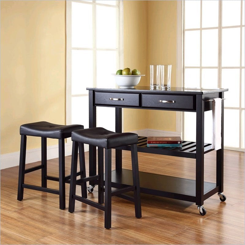 Solid Black Granite Top Kitchen Cart/Island With 24" Black Upholstered Saddle St