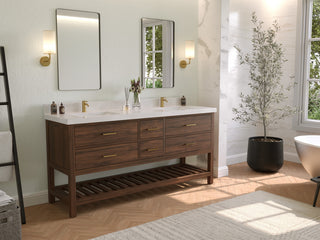 Parker Teak 72" Double Sink Bath Vanity in Dark Walnut2" White Quartz