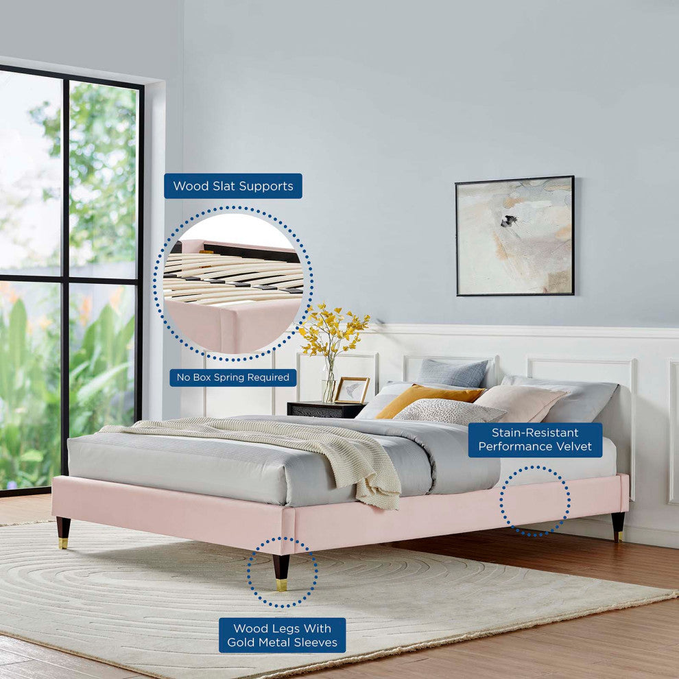 Harlow Queen Performance Velvet Platform Bed Frame-Pink
