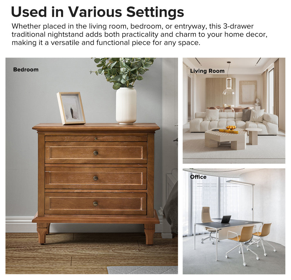 3-Drawer Nightstand With  Built-In Outlets Set of 2, Acorn