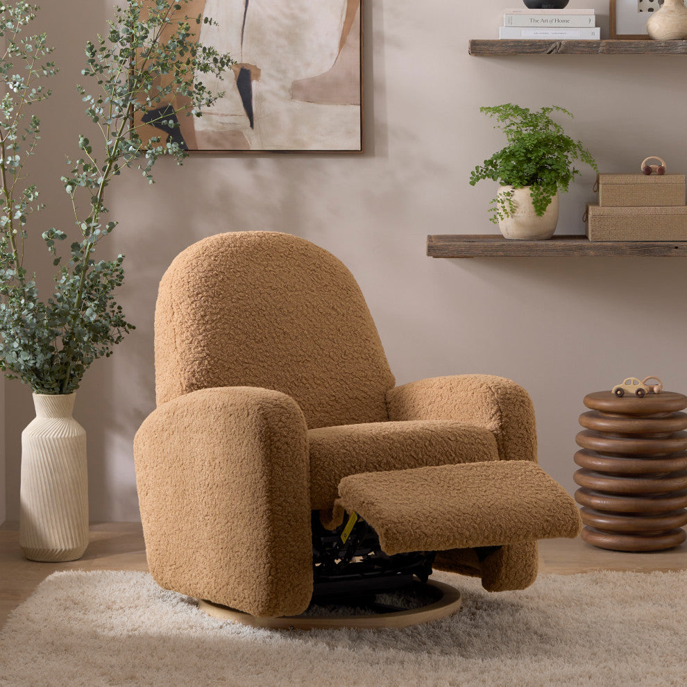 Nami Electronic Recliner and Swivel Glider Recliner, Boucle With USB port, Cortado Shearling With Light Wood Base