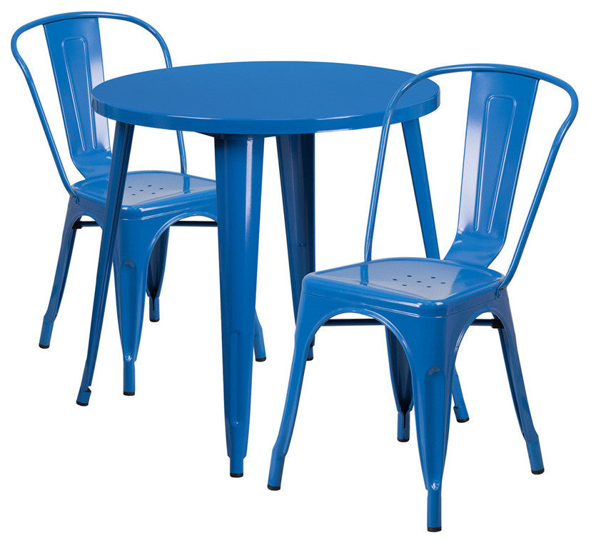 Commercial Grade 30" Round Blue Metal Indoor-Outdoor Table Set, 2 Cafe Chairs