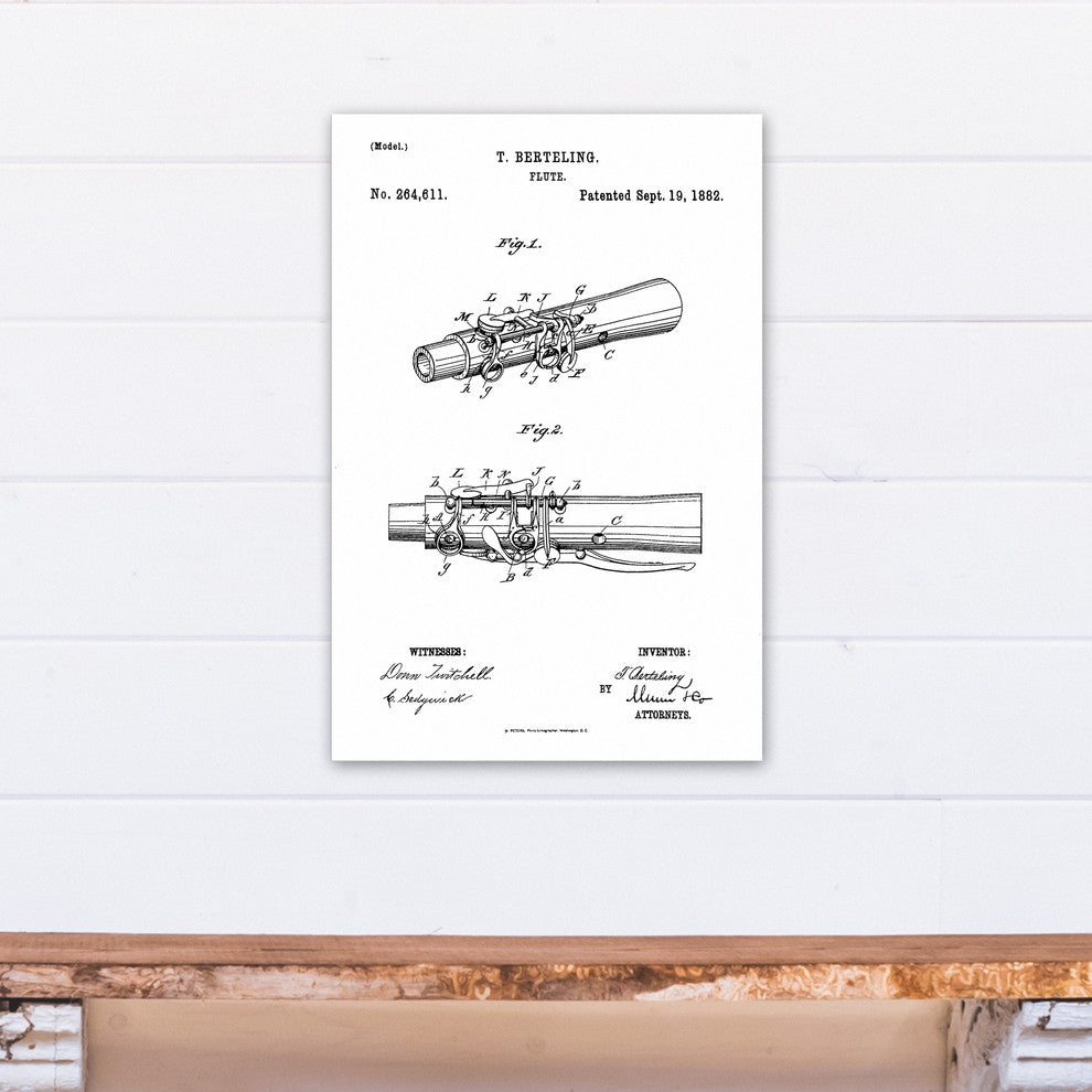 Vintage Flute Sketch Patent 16"x24" Print on Canvas