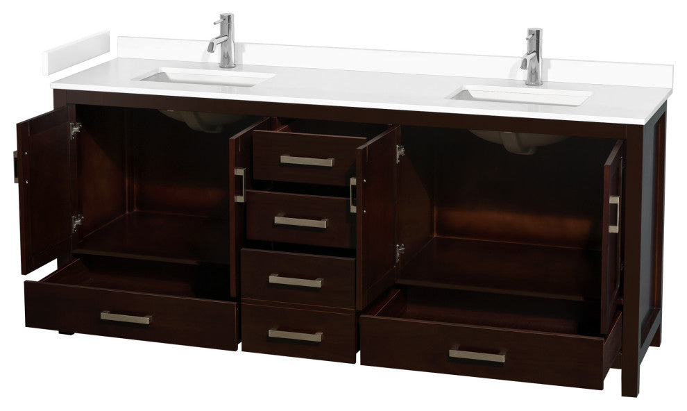 80" Double Bathroom Vanity, Espresso, White Cultured Marble Countertop, Sinks