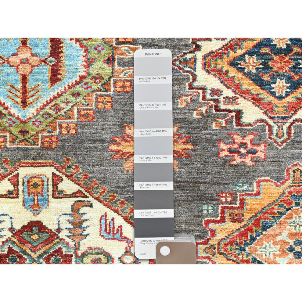 Stone Gray, Extra Soft Wool, Hand Knotted Afghan Super Kazak Rug, 10'3"x13'10"