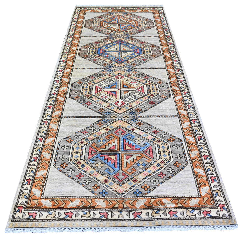 Cloud Gray Hand Knotted Afghan Ersari Wide Runner Oriental Rug, 4'2"x9'9"
