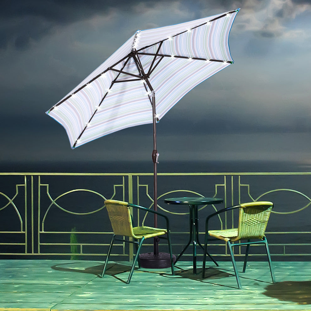 9' Outdoor Patio Steel Market Umbrella With 24 LED Lights, Blue Striped