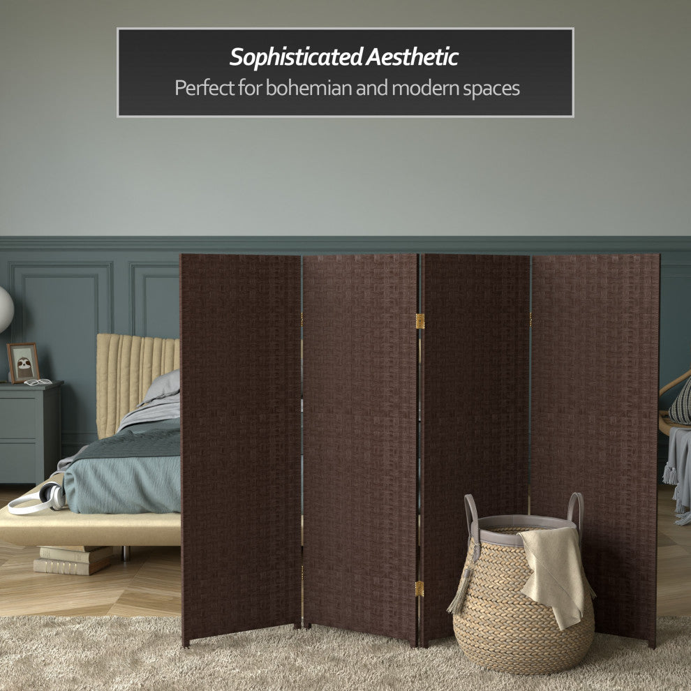 4' Tall Woven Fiber Room Divider, Dark Mocha, 4 Panel