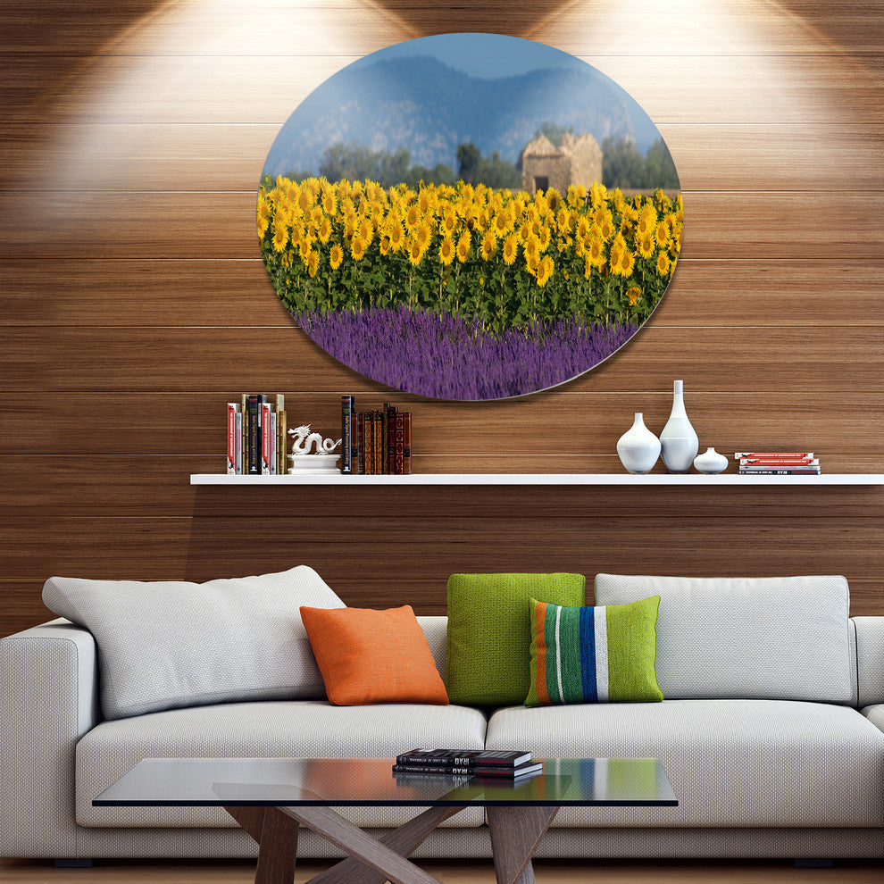 Lavender And Sunflower In Provence, Floral Wall Disc Metal Artwork, 23"