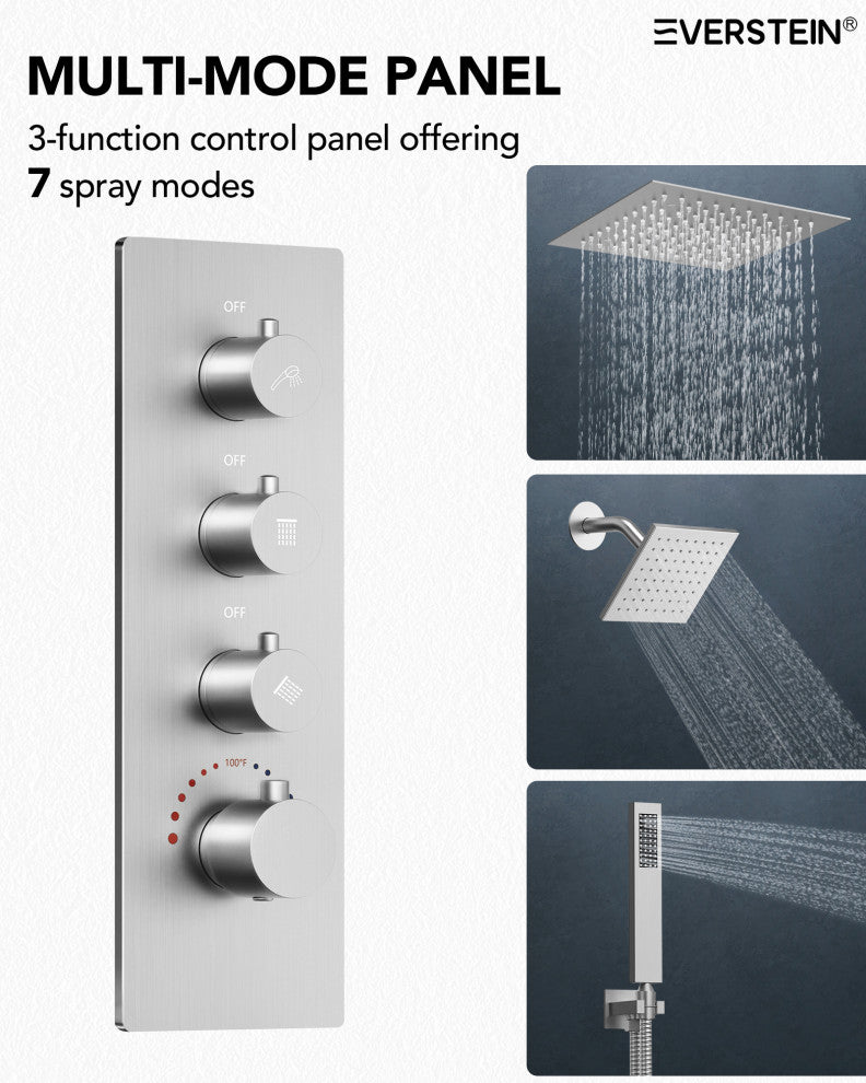 LED Dual Heads 12" Rain Shower System With Thermostatic 3-Way Faucet, Brushed Nickel