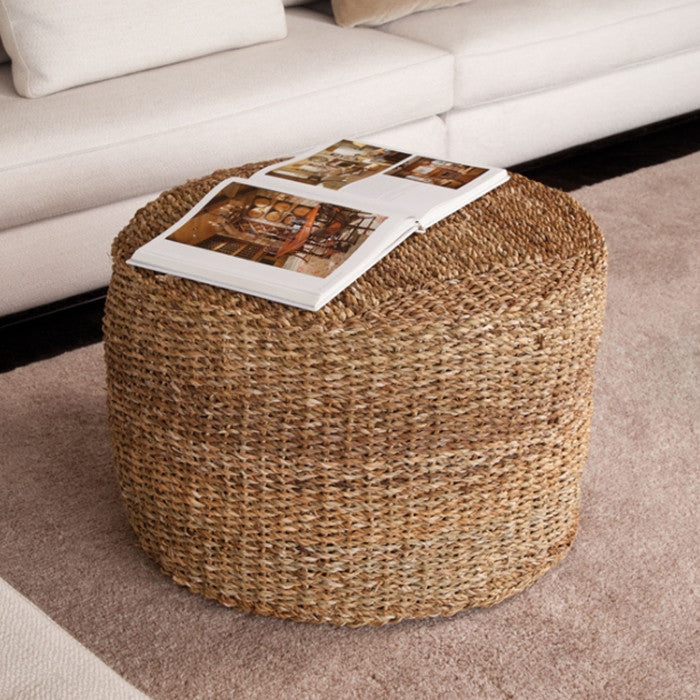 Round Woven Seagrass Curved Pouf Natural Fibers Coastal Cottage Ottoman Table
