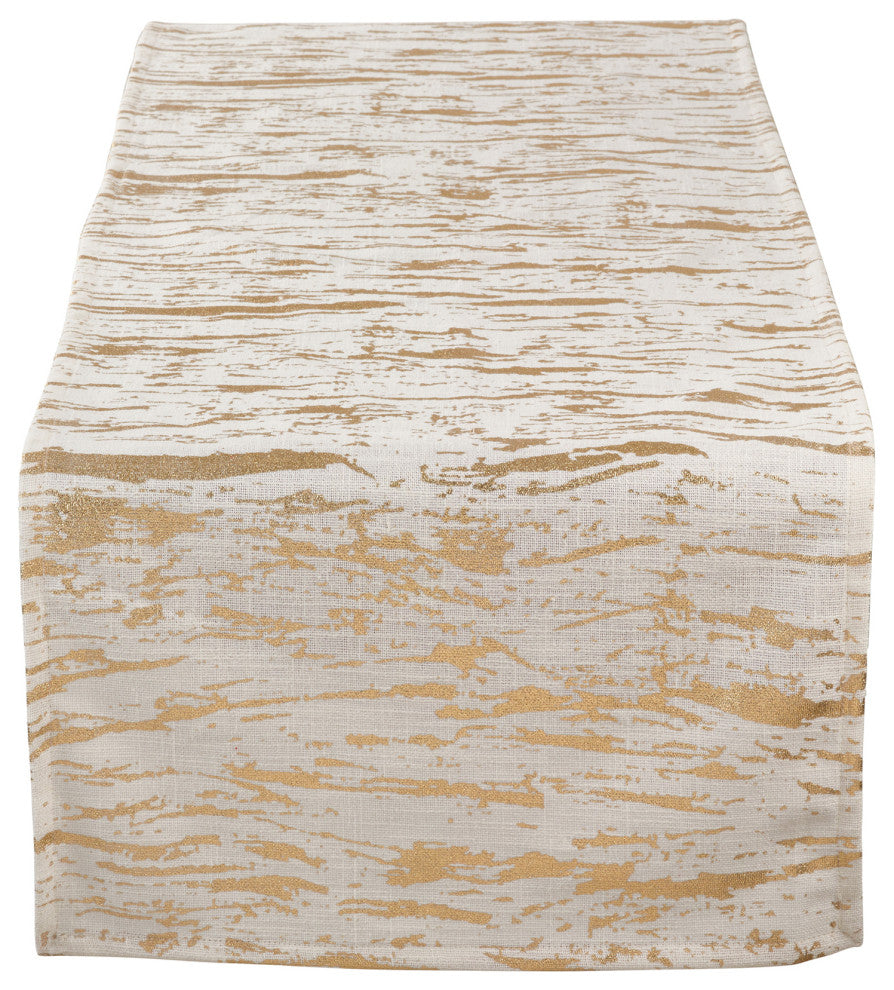 Distressed Foil Metallic Design Glam Cotton Table Runner, Gold, 16"x72"