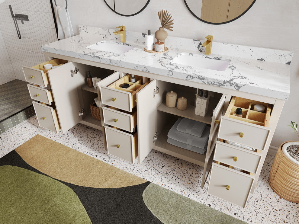 Chicago 84" Double Sink Bathroom Vanity, Fine Grain 2" Empira Quartz