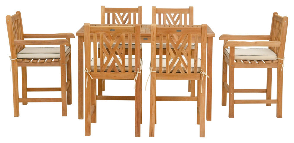 7 Piece Teak Chippendale 55" Rect Bistro Counter Set, 2 Arm and 4 Side Stools