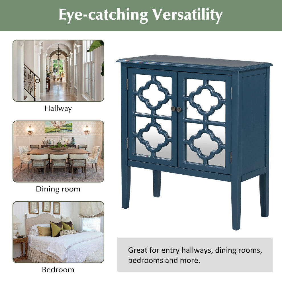 Wood Double Mirrored Door Accent Cabinet with Adjustable Shelf, Blue, 32" X 14"