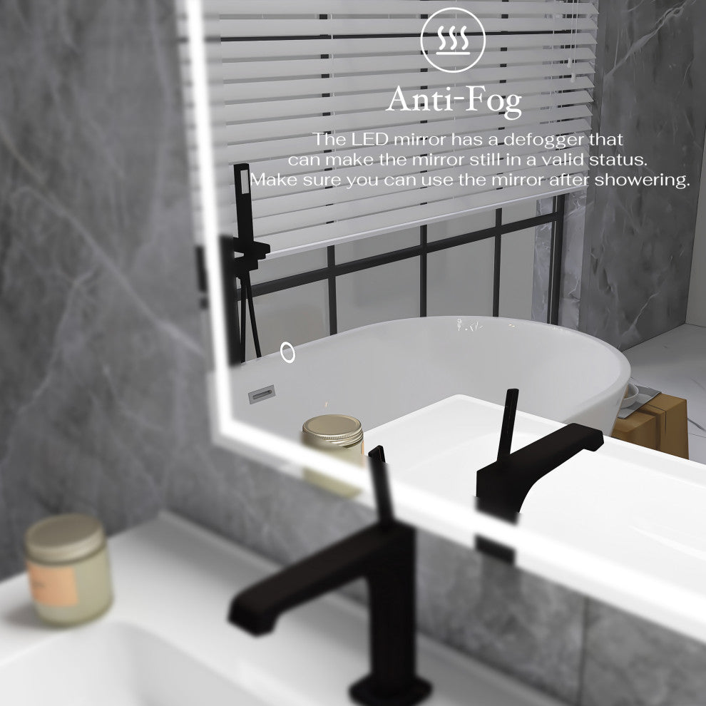 Rectangular Frameless Wall-Mount Anti-Fog LED Light Bathroom Vanity Mirror, 24x3